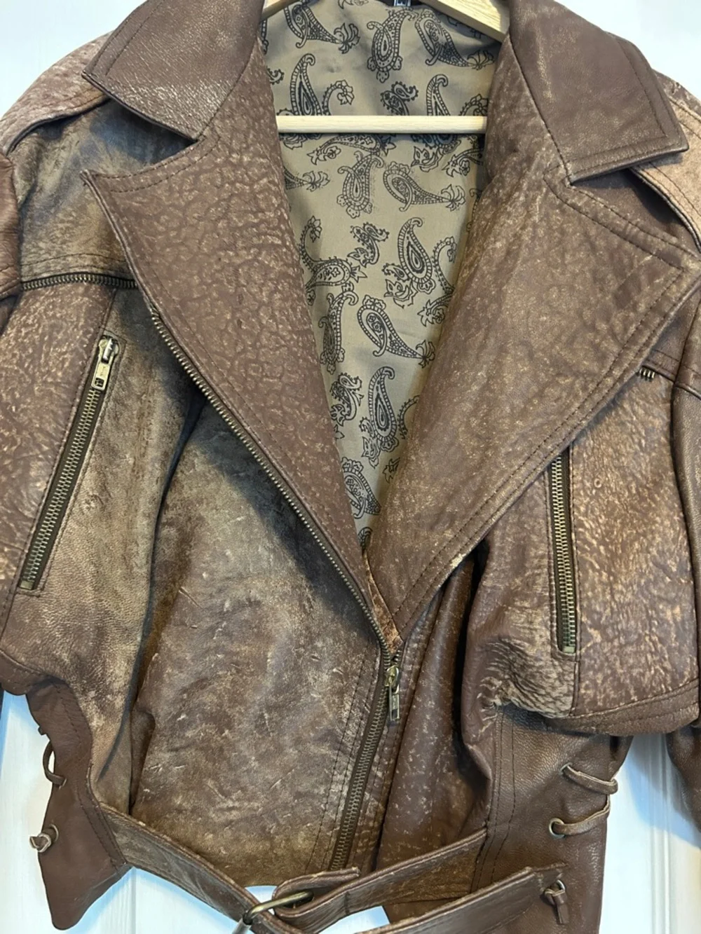 Women's Brown Leather Cropped Moto Jacket with Belt From Istanbul Turkey 1991